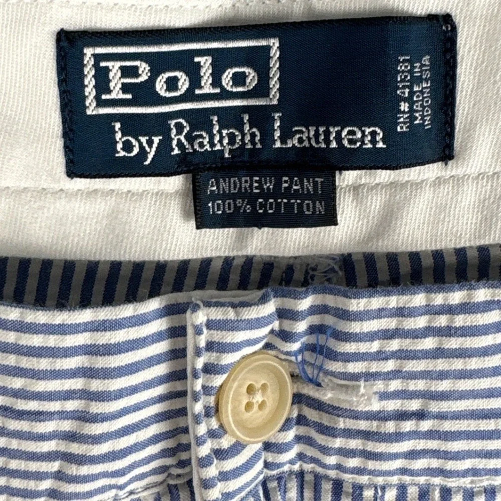 Polo Ralph Lauren Andrew Pant Mens 40x29 Blue White Seersucker Pleated Stripe